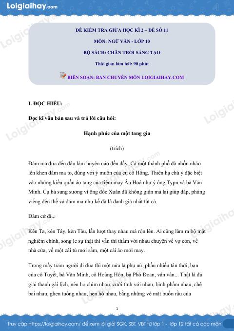 Đề thi giữa kì 2 Văn 10 Chân trời sáng tạo - Đề số 11